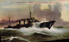 VINTAGE POSTCARD Boat against destroyer Jaguar by R Dumont Duparc