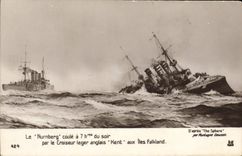 VINTAGE POSTCARD Bateau Nurnberg runs has 7 hours of the evening by the light cruiser English Kent in the Fakland islands