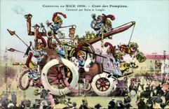 CPA Sapeurs Pompiers Carnaval de Nice 1909 Char des pompiers Sidro et Lunghi 