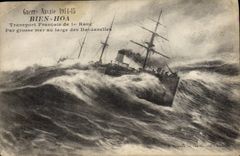 VINTAGE POSTCARD Boat Well Hoa French Transport of 1st rank by heavy sea with broad of Dardanelles