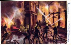 VINTAGE POSTCARD Sapeurs Firemen Fighting the flames has great city fire