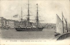 VINTAGE POSTCARD Sailing Boat Le Havre American Cruiser entering the port