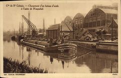 VINTAGE POSTCARD Industrie Machines Co of St Gobain Chargement of a boat of acid to the factory of Wasquehal Bateau Barge