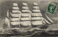 VINTAGE POSTCARD Sailing Boat Cherbourg Four Mats all sails outside