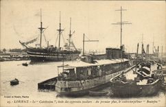 VINTAGE POSTCARD Sailing Boat Lorient Caledonien school of the apprentices fusiliers Against Destroyer Blaster