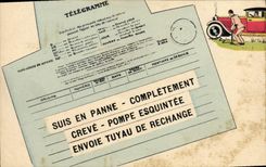 VINTAGE POSTCARD Amour Telegram Am broken down Automobile