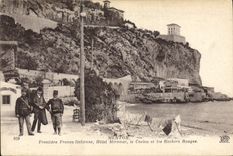 VINTAGE POSTCARD Customs Menton Free Italian Border Miramar Hotel the red casino and rocks