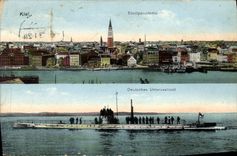 CPA Bateau Kiel Stadtpanorama Deutsches Unterseeboot 