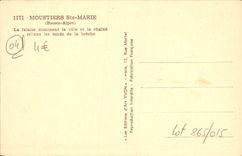 POSTAL Moustiers Sainte Marie de la VENDIMIA el acantilado que domina la ciudad y la cadena que conectan los bordes de la abertura