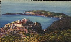 Opinión azul de la dimensión D Eze de la POSTAL de la VENDIMIA de la aldea y del cabo Ferrat