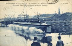 VINTAGE POSTCARD Warship Schneider Establishments & Co Building sites of Trawl-net on the Saone Launching of a Japan submarine
