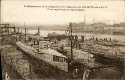 VINTAGE POSTCARD Warship Schneider Establishments & Co Building sites of Trawl-net on the Saone Eleven destroyers in construction