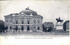 CPA Geneve Le theatre et statue du general Dufour 