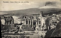 VINTAGE POSTCARD Volcano Taormina Teatro Greco idiot Vista LED Etna