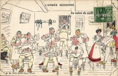 VINTAGE POSTCARD Militaria Hairdresser Wig maker the modern army With the hairdressing salon