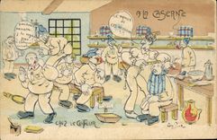 CPA Militaria Coiffeur Perruquier A la caserne Chez le coiffeur