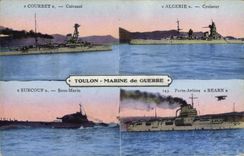 CPA Bateau Guerre Toulon Marine de guerre Courbet Algerie Surcouf Sous marin Porte avions Bearn 
