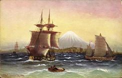 VINTAGE POSTCARD sailing Boat Yokohama Harbor Volcano