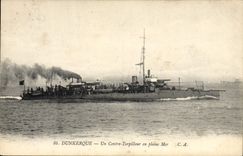 VINTAGE POSTCARD Dunkirk Boat against destroyer on the open sea