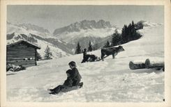 VINTAGE POSTCARD Winter sports Ski Children out of toboggan Ox Sledge