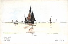 VINTAGE POSTCARD Sailing Boat Old woman mode