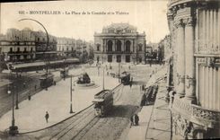 VINTAGE POSTCARD Montpellier the place of the Comedy and the Theater Tram