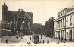 VINTAGE POSTCARD Mans the Theater and the cathedral Tram