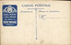 VINTAGE POSTCARD Dog Belgian Dogs Machine gunners Militaria Publicity medicinal mint spirit water of Melissa Carmelite friars Brother Mathias Marseilles