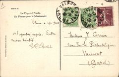 El perro de la POSTAL de la VENDIMIA persigue el refrigerador en Alaska un sello para el misionario fornido