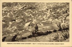 VINTAGE POSTCARD Dog Dogs Mission of extreme Canadian North At the edge of a field of Bordillons Breaking of ice