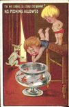 VINTAGE POSTCARD Illustrator Children Dog Right Poisson Red