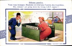 VINTAGE POSTCARD Illustrator Gentlemen civil Defense Toilets