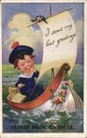 VINTAGE POSTCARD Illustrator Marine Child Boat Departure for Cythere
