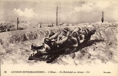 VINTAGE POSTCARD Winter sports Ski Luchon Superbagneres the winter a Bobsleigh with the turn