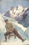 VINTAGE POSTCARD Winter sports Ski Man Toboggan