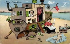 VINTAGE POSTCARD Boat Villa Beautiful stay Humor