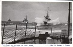 VINTAGE POSTCARD Warship Destroyers in exercise by heavy weather