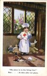 VINTAGE POSTCARD Woman Red Cross Bear