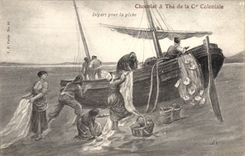 CPA Bateau Depart pour la peche Chocolat & The de la Cie Coloniale 