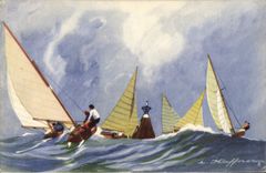 VINTAGE POSTCARD Sailing Boat the turn of the buoy by the dinghies lifting yachts for the sea Haffner