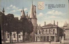 VINTAGE POSTCARD Nevers the place of the Republic the Theater and the Tower the Middle Ages of the Ducal Palate
