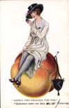 VINTAGE POSTCARD Illustrator Woman Here' S two peaches for you