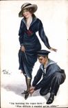 VINTAGE POSTCARD Illustrator Woman I' m learning the ropes Marine young stag Militaria