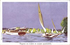 CPA Bateau Voilier Regates en riviere et cruiser automobile