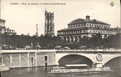 CPA Paris Place du Chatelet et theatre Sarah Bernhardt Bateau Peniche 