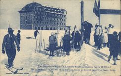 VINTAGE POSTCARD Winter sports Ski Luchon Superbagneres the starting point of the track of Bobbs and lugges in front of the large hotel
