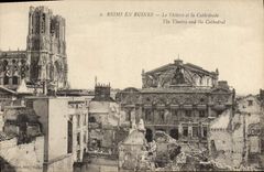 CPA Le Theatre et la cathedrale Reims Militaria