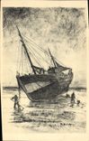 CPA Bateau Voilier Cote belge Chalutier sur la greve