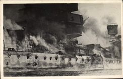 Real photo Bateau War Sets fire to Graf Spech in roads
