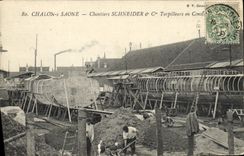 VINTAGE POSTCARD Boat War Trawl-net on the Saone Schneider Building sites & Co in construction